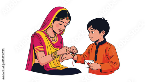 A woman in traditional Indian clothing tying a rakhi on a boy's wrist