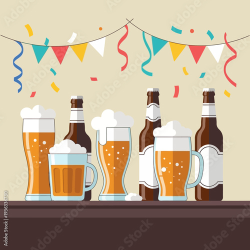 Cheers! Beer Bottles and Glasses with Festive Bunting and Confetti