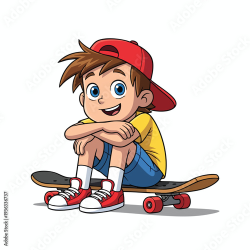 Young Boy Sitting with Skateboard Casual and Fun Outdoor Activity