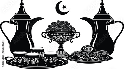 Ramadan hospitality illustration, Arabic coffee pots, dates bowl centerpiece, crescent moon star, Eid celebration artwork, Islamic cultural tradition decorative vector