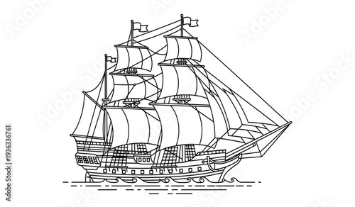 A detailed line drawing of a historic sailing ship with multiple masts and sails on calm waters