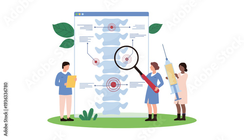 Spine medical illustration with people analyzing a large browser window