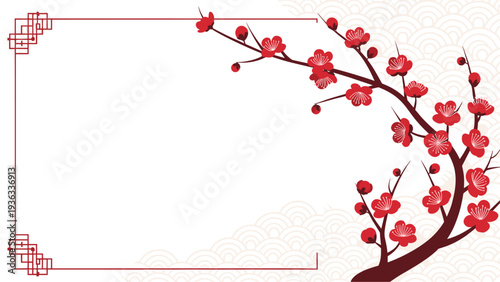 Elegant Chinese-style frame with a blooming red plum blossom branch and a subtle wave pattern in the background for copy space.