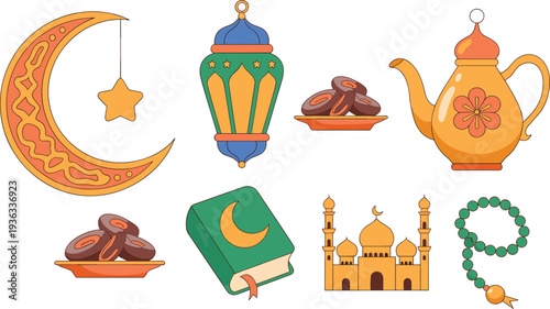 Ramadan Islamic illustration, crescent moon star, mosque minarets, lantern teapot, Quran book, prayer beads dates, cultural religious artwork, festive design