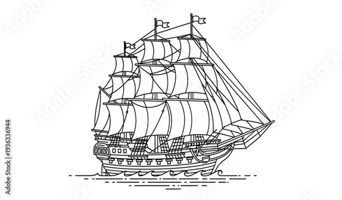 Vintage sailing ship with multiple masts and billowing sails