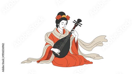 Beautiful illustration of a traditional Japanese woman in a vibrant orange kimono playing a biwa, a type of lute, on a white background.