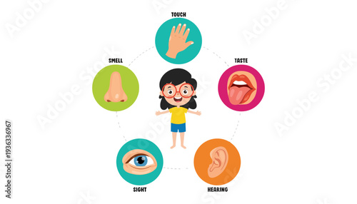 A cartoon girl illustrating the five senses with icons and labels