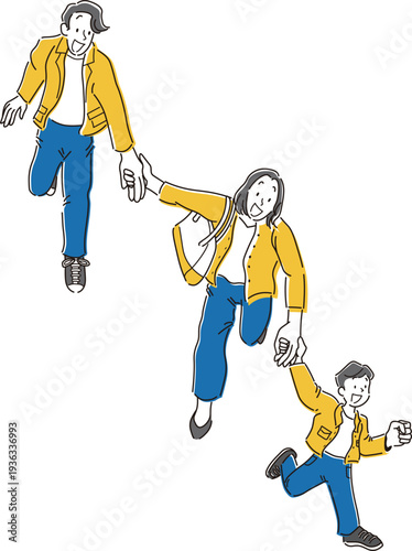 手をつないで笑顔で走る家族の全身のシンプルなイラスト素材