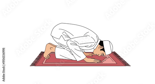 Illustrative depiction of a Muslim man performing the ritual prostration on a red prayer rug