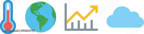 Climate change concept icons set with rising temperature thermometer, Earth globe, upward trending graph chart, and cloud weather symbol for global warming environment data visualization.