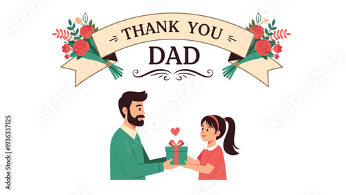 Sweet Father's Day illustration showing a loving daughter giving her smiling dad a beautifully wrapped gift with a heart on it.