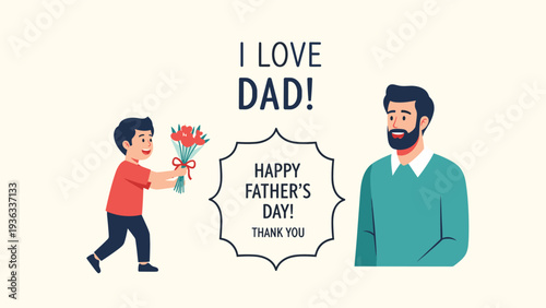 Heartwarming Father's Day greeting card illustration with a young boy giving his happy father a bouquet of red flowers.