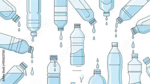 Seamless pattern illustrating a variety of plastic water bottles, some full, some empty, and some with water dripping from them.