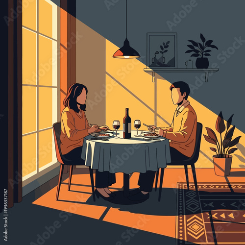 Couple enjoying romantic dinner at home, bathed in warm sunset light