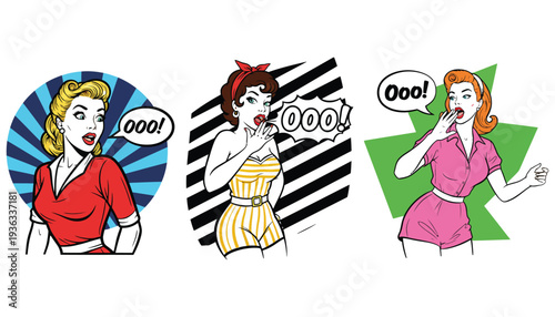 Woman pop art vector illustrations in various colorful retro style designs