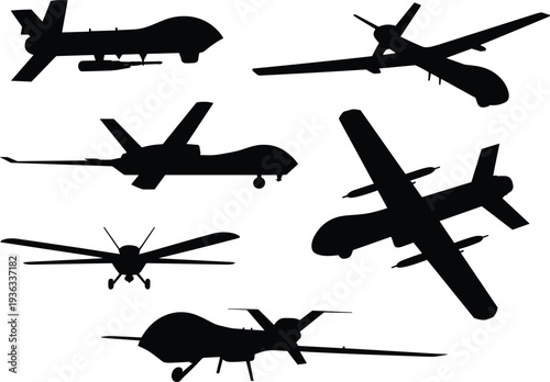 Collection of black military drone UAV silhouettes in various angles and designs including long wingspan propeller and jet powered unmanned aerial vehicles for defense aviation graphics.