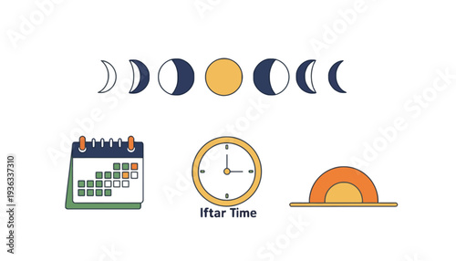 Ramadan calendar icon with moon phases and iftar time clock illustration