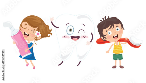 Tooth cartoon character with happy kids and toothbrushes illustration