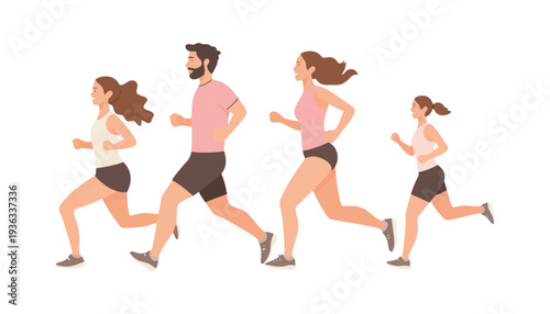 A group of people running together in a cartoon illustration style