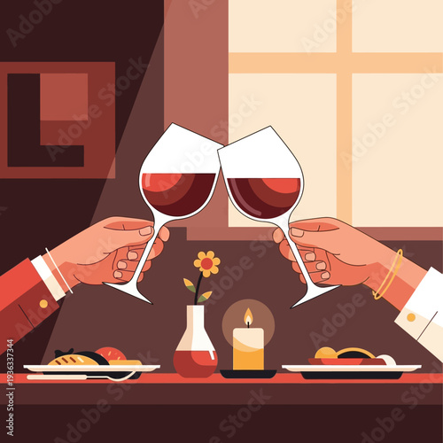Couple's romantic dinner toast with red wine glasses, candlelit table, celebrating love and special occasion.