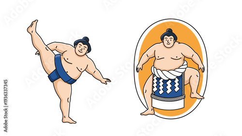 Set of two cartoon illustrations of Japanese sumo wrestlers, one in a high kick pose and the other in a traditional pre-match stance.
