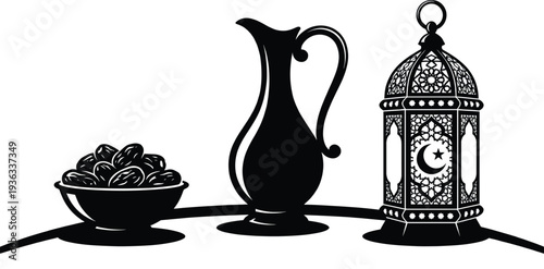 Ramadan Kareem still life illustration, dates bowl Arabic coffee dallah lantern Islamic vector silhouette isolated white background
