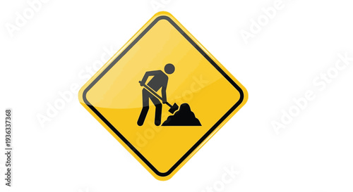 Bright yellow diamond-shaped road sign illustrating a worker actively digging with a shovel on white background