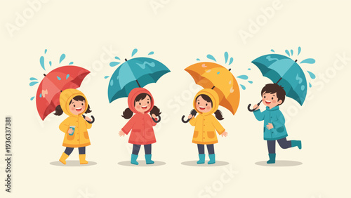 Cheerful group of four children in colorful raincoats and boots playing happily in the rain under their bright umbrellas.
