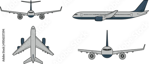 Multi-angle vector illustration of modern commercial passenger airplane Boeing 737 showing top front side rear views in detailed gray and blue design for aviation travel and aircraft graphics.
