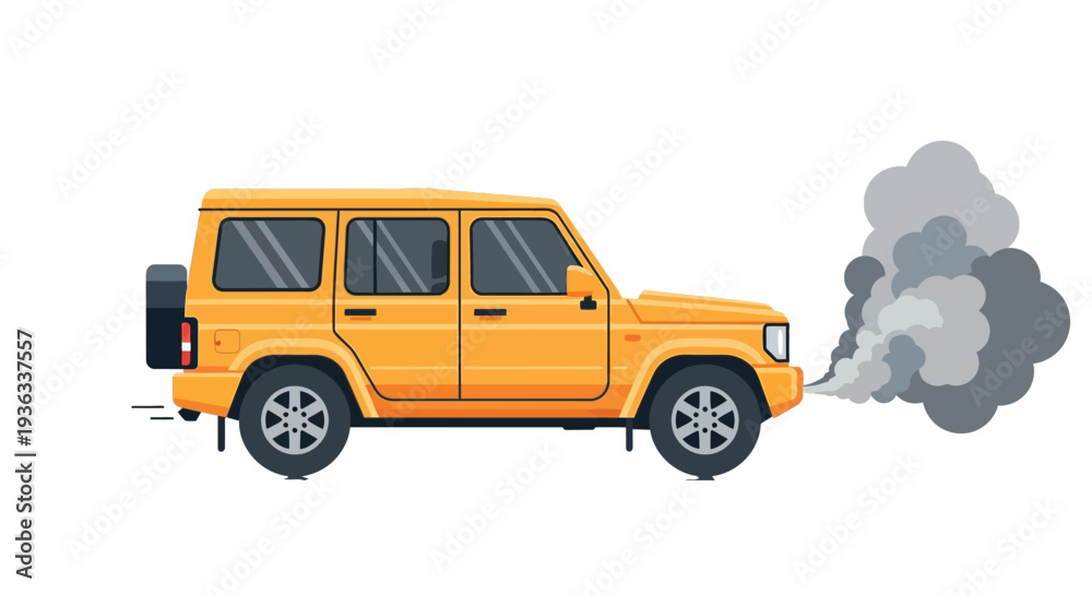 Fototapeta premium Yellow off-road vehicle emitting thick dark smoke from its exhaust pipe causing air pollution