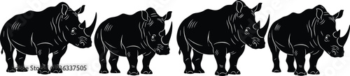 Rhinoceros silhouette vector illustration, wildlife animal artwork, black and white design, safari creature graphic, endangered species image, nature conservation symbol