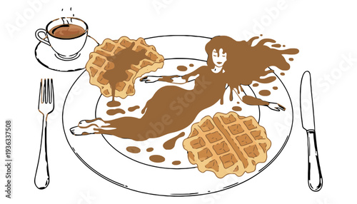 A chocolate mermaid illustration on a plate with waffles and coffee