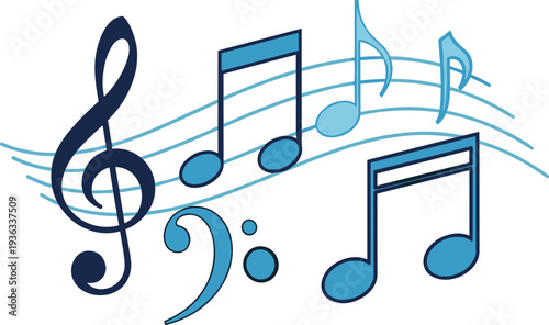 Treble clef with music notes on white background blue vector illustration design icon pattern art symbol melody