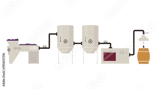 A wine production line vector illustration with industrial equipment and pipeline