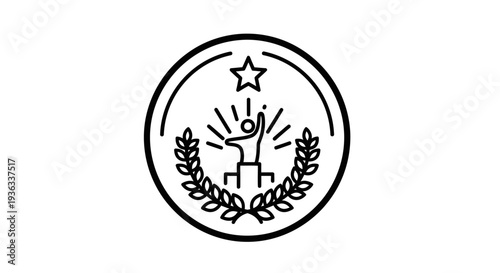 Stylized icon depicts a person celebrating success atop a podium surrounded by a laurel wreath beneath a prominent shining star emblem.