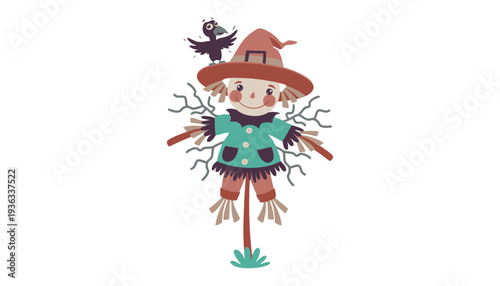 A cute scarecrow illustration with a bird on its hat standing alone