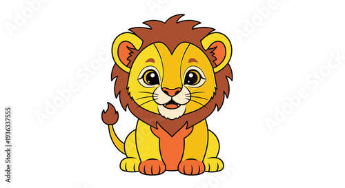 Adorable cartoon lion sitting happily in a friendly environment from a front view