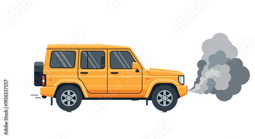 Yellow off-road vehicle emitting thick dark smoke from its exhaust pipe causing air pollution