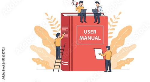 Tiny people working together on a giant red user manual book for instructions and documentation