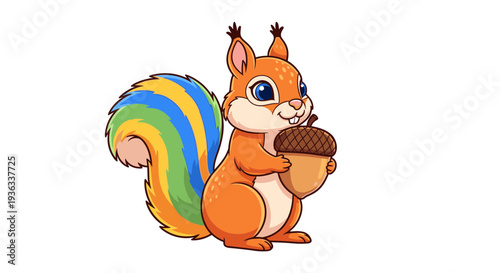 Colorful Squirrel Holding Acorn in Cartoon Style Illustration