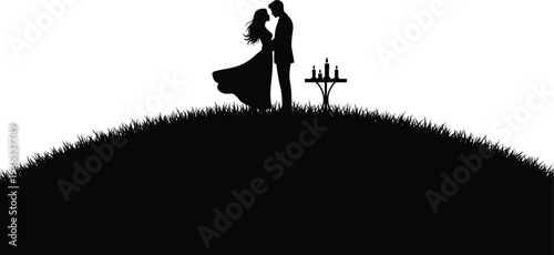 Romantic couple silhouette, love scene illustration, outdoor celebration, flowing dress, wine glasses table, intimate moment, vector art, romantic evening design