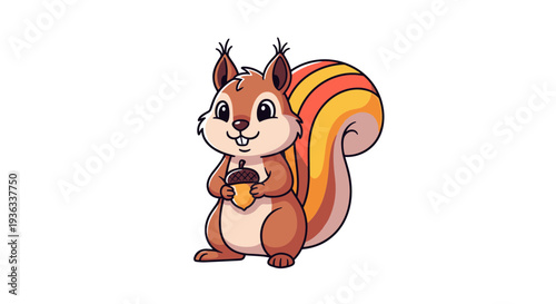 Colorful squirrel holding acorn illustration from front view