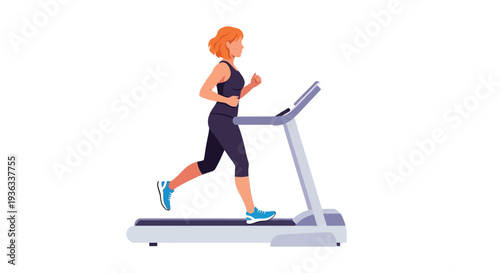 Athletic woman with red hair runs vigorously on a modern home treadmill machine indoors
