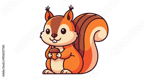 A cartoon squirrel holding acorn, sitting upright, viewed from front
