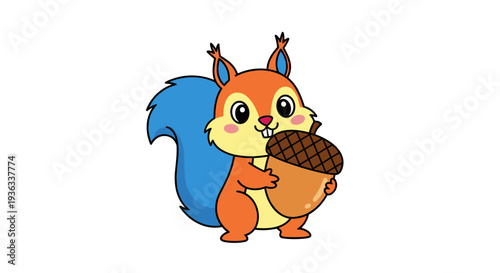 Cartoon squirrel holding acorn, standing upright, illustration