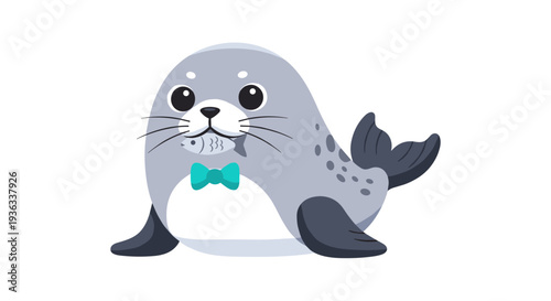 Cartoon seal with bowtie standing on white background viewed from front