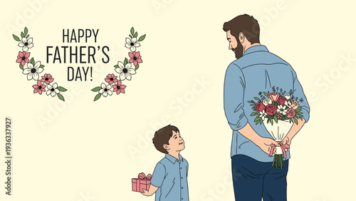 Touching Father's Day scene where a father hides a bouquet of flowers behind his back for his son, who is holding a gift box.