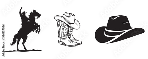 Cowboy Boot Hat and Horse Rider Icons