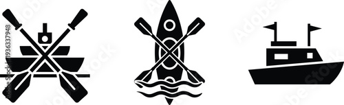 Rowboat kayak motorboat silhouette illustration, watercraft vector design, recreational boating artwork, fishing transport motif, nautical graphic composition, outdoor activity symbol