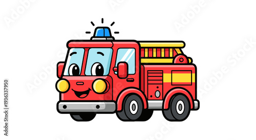 Cartoon fire engine with smiling face driving forward with lights on
